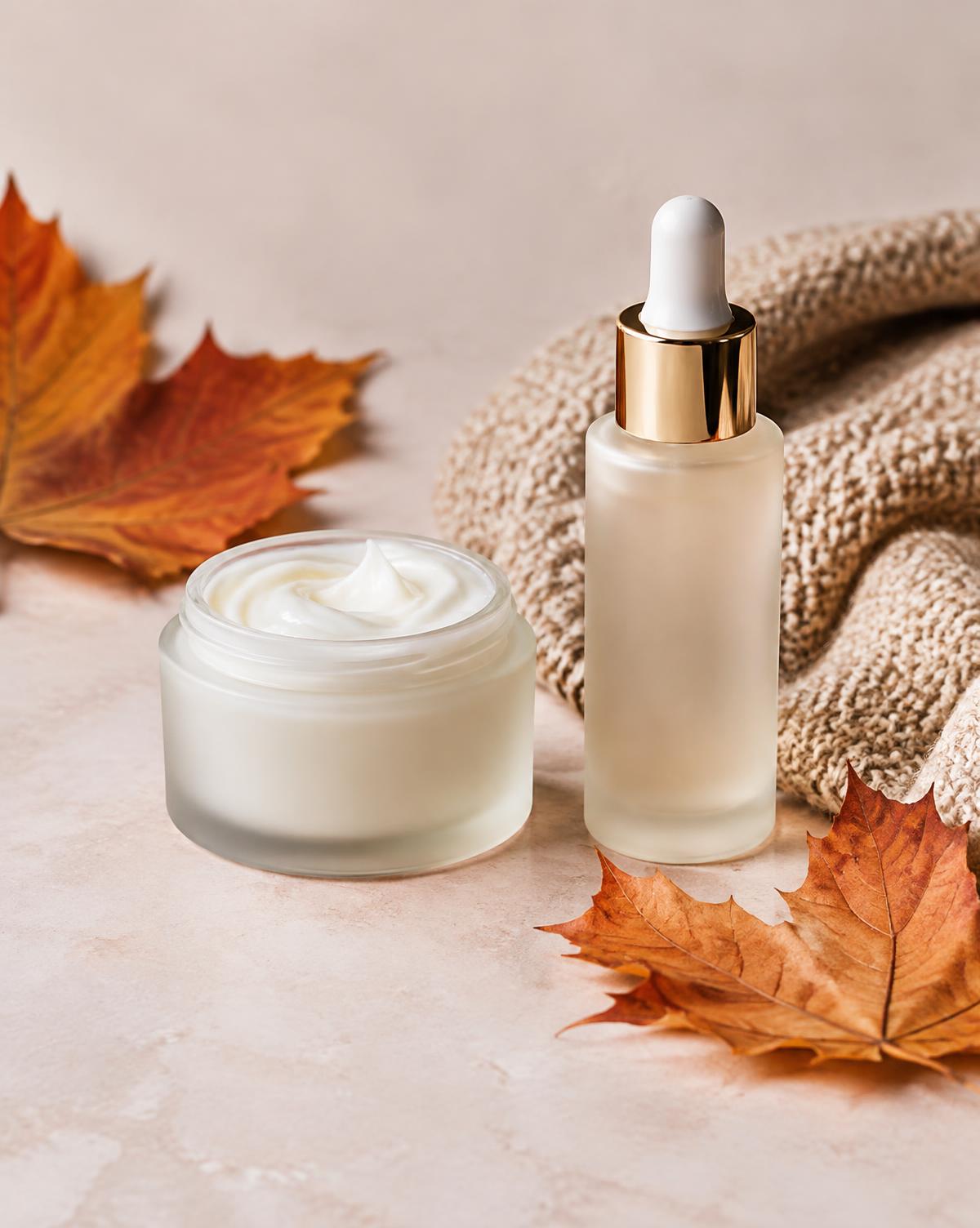 Moisturiser jar and serum bottle with autumn leaves and a knit scarf