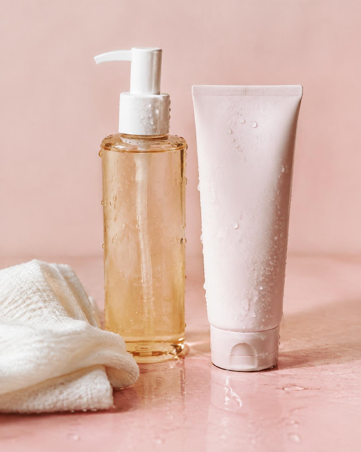 Cleansing oil bottle and gel cleanser beside a muslin cloth