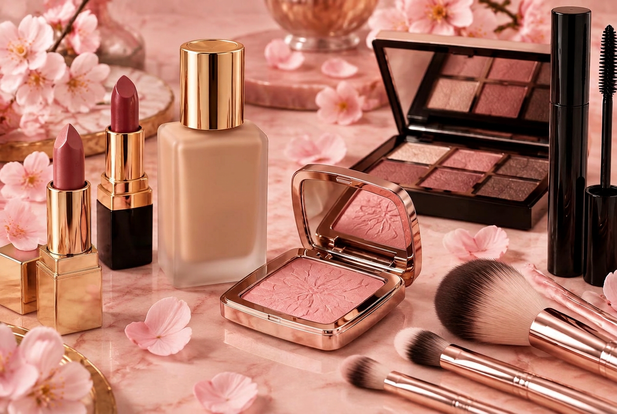 Lipsticks, foundation, blush, eyeshadow palette, mascara and brushes on a pink marble surface with cherry blossoms