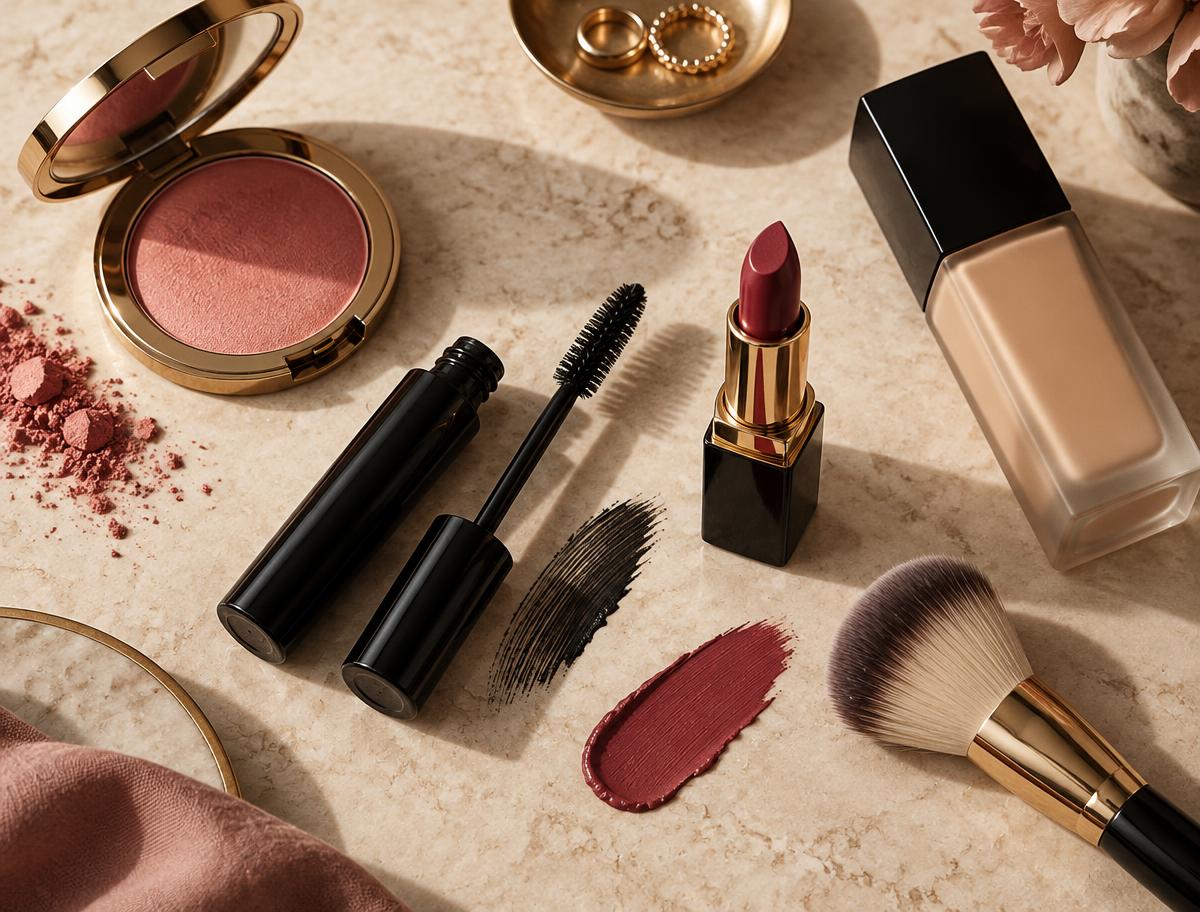 Arranged lipstick, blush, mascara, foundation and makeup brush