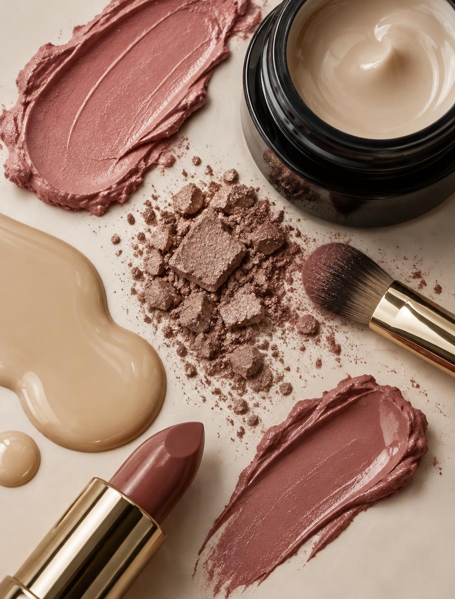 Foundation, blush, eye shadow and lipstick textures