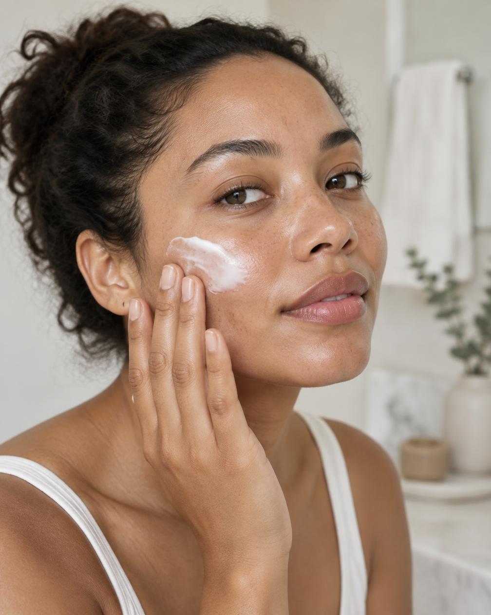 Woman gently applying moisturiser to healthy natural skin